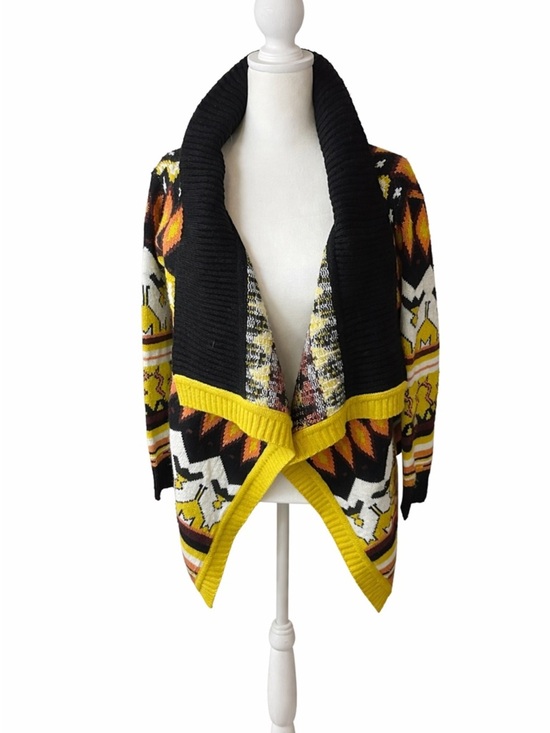Baciano Sweaters - Open-Front Tribal Pattern Cardigan Sweater in Black & Yellow